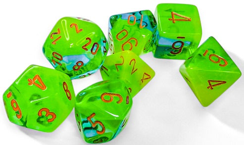 GEMINI 7-DIE SET PLASMA GREEN-TEAL/ORANGE LUMINARY Dice Chessex | Red Claw Gaming