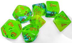 GEMINI 7-DIE SET PLASMA GREEN-TEAL/ORANGE LUMINARY Dice Chessex | Red Claw Gaming