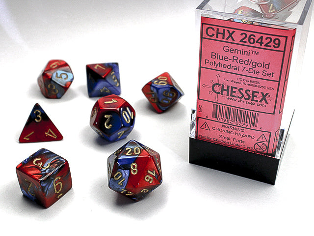 GEMINI 7-DIE SET BLUE-RED/GOLD Dice Chessex | Red Claw Gaming