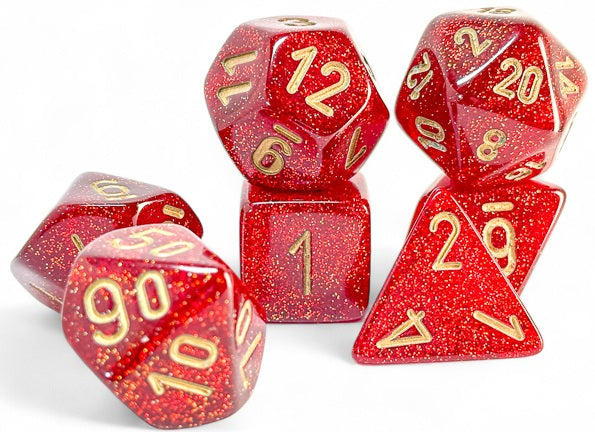 GLITTER 7-DIE SET MEGA-HEDRAL RUBY/GOLD Dice Chessex | Red Claw Gaming