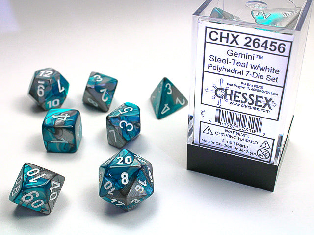 GEMINI 7-DIE SET STEEL-TEAL/WHITE Dice Chessex | Red Claw Gaming