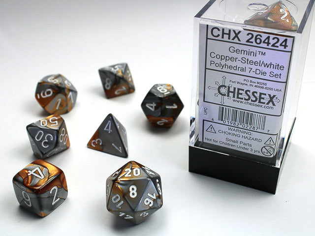 GEMINI 7-DIE SET COPPER-STEEL/WHITE Dice Chessex | Red Claw Gaming