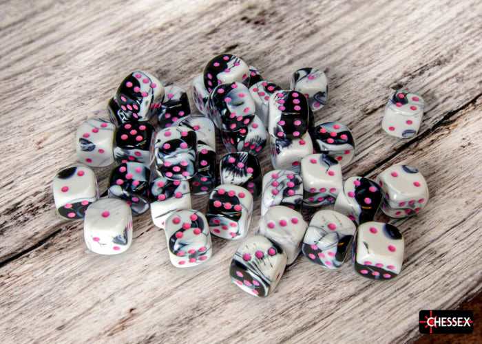 GEMINI 36D6 BLACK-WHITE/PINK 12MM Dice Chessex | Red Claw Gaming