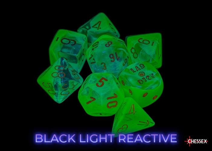 GEMINI 7-DIE SET PLASMA GREEN-TEAL/ORANGE LUMINARY Dice Chessex | Red Claw Gaming