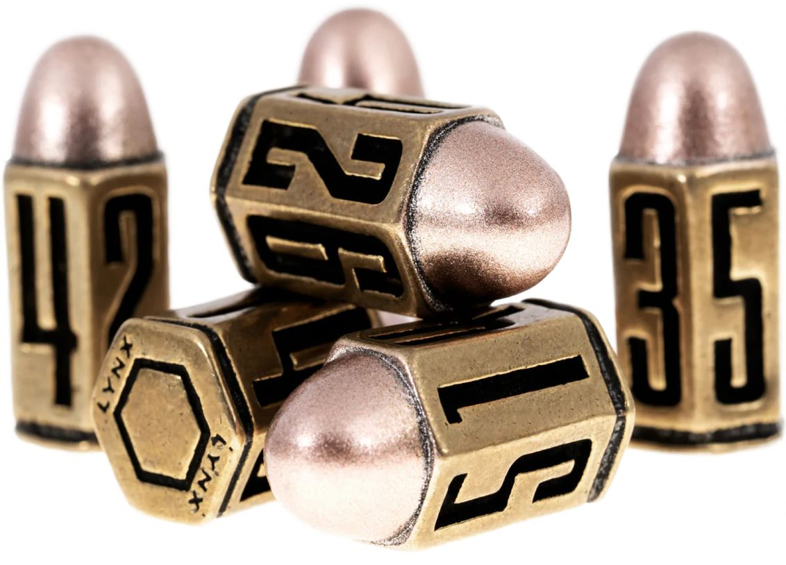 SIX D6 BULLET DICE SET BRASS METAL Dice Lynx    | Red Claw Gaming