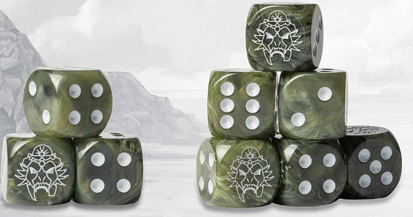 CONQUEST: W'ADRHUN LOGO ON DARK GREEN MARBLED DICE 24CT Dice Universal DIstribution | Red Claw Gaming