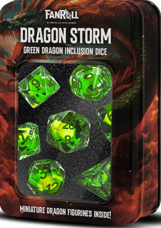 RESIN 7 DICE SET DRAGON STORM GREEN DRAGON INCLUSION Dice FanRoll Dice | Red Claw Gaming