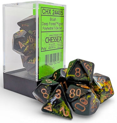 BRUSH 7-DIE SET POLYHEDRAL DEEP FOREST/GOLD Dice Chessex | Red Claw Gaming
