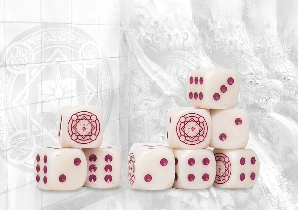 CONQUEST: SORCERER KINGS LOGO ON ROYAL MAGENTA MARBLED DICE 24CT Miniatures Universal DIstribution | Red Claw Gaming