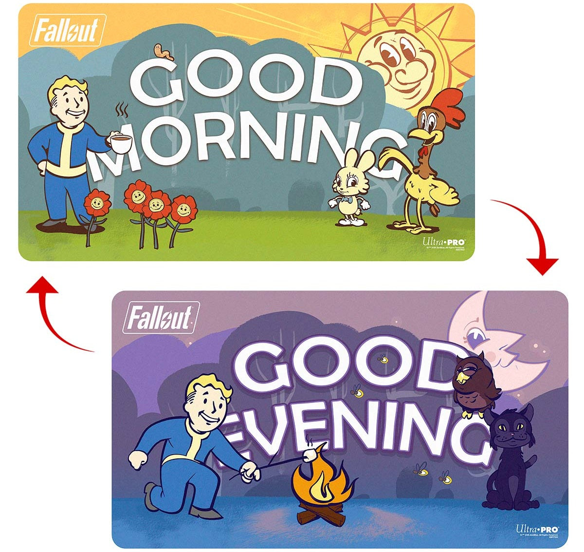 UP PLAYMAT FALLOUT VAULT BOY GOOD MORNING/GOOD EVENING DOUBLE SIDED | Red Claw Gaming