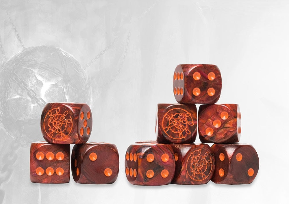 CONQUEST: DWEGHOM LOGO ON RED MARBLED DICE 24CT Miniatures Universal DIstribution | Red Claw Gaming