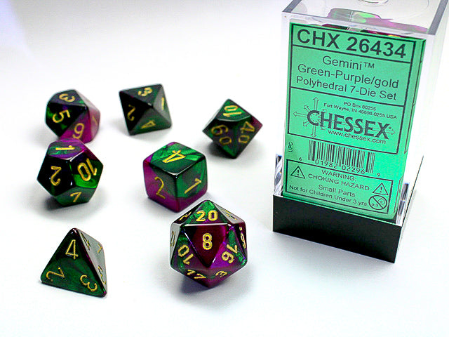 GEMINI 7-DIE SET GREEN-PURPLE/GOLD Dice Chessex | Red Claw Gaming