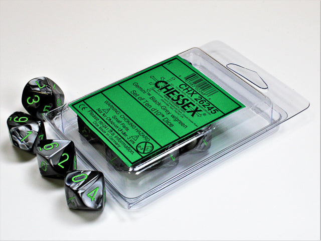 GEMINI 10D10 BLACK-GREY WITH GREEN Dice Chessex    | Red Claw Gaming