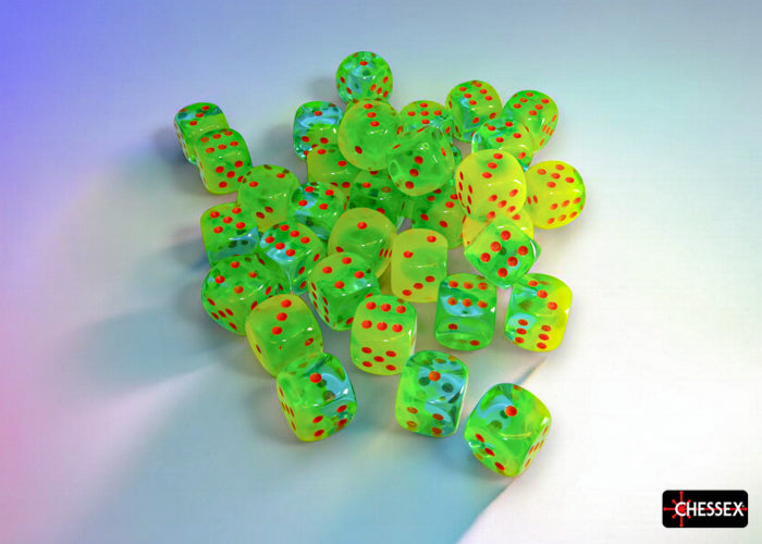 GEMINI 36D6 PLASMA GREEN-TEAL/ORANGE LUMINARY 12MM Dice Chessex | Red Claw Gaming