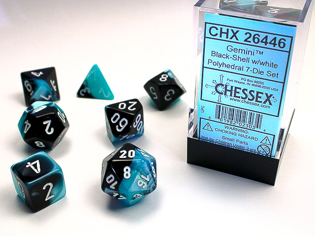 GEMINI 7-DIE SET BLACK-SHELL/ WHITE Dice Chessex | Red Claw Gaming