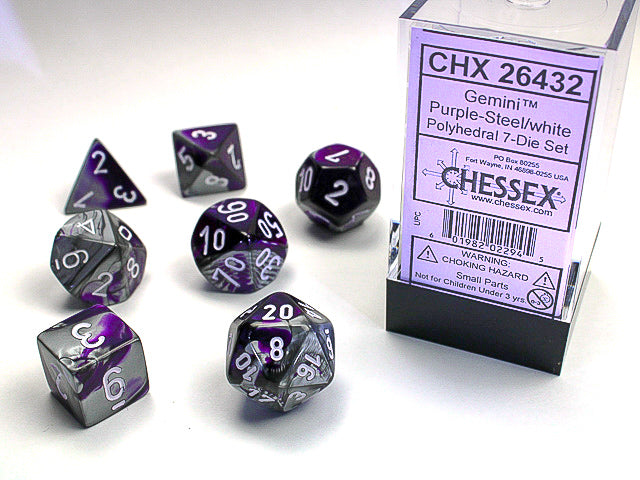 GEMINI 7-DIE SET PURPLE-STEEL/WHITE Dice Chessex | Red Claw Gaming