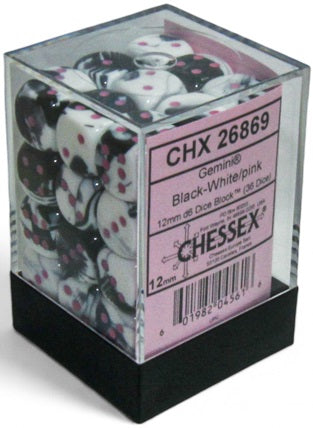 GEMINI 36D6 BLACK-WHITE/PINK 12MM Dice Chessex | Red Claw Gaming