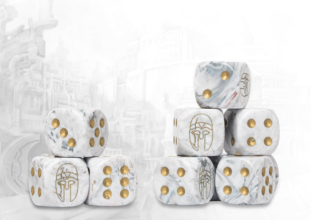 CONQUEST: CITY STATES LOGO ON LIGHT GREY MARBLED DICE 24CT Miniatures Universal DIstribution | Red Claw Gaming