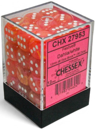 FESTIVE 36D6 DAHLIA/WHITE LUMINARY 12MM Dice Chessex | Red Claw Gaming
