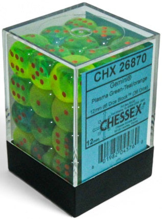 GEMINI 36D6 PLASMA GREEN-TEAL/ORANGE LUMINARY 12MM Dice Chessex | Red Claw Gaming