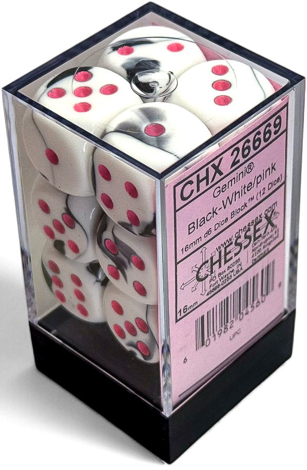 GEMINI 12D6 BLACK-WHITE/PINK 16MM Dice Chessex | Red Claw Gaming