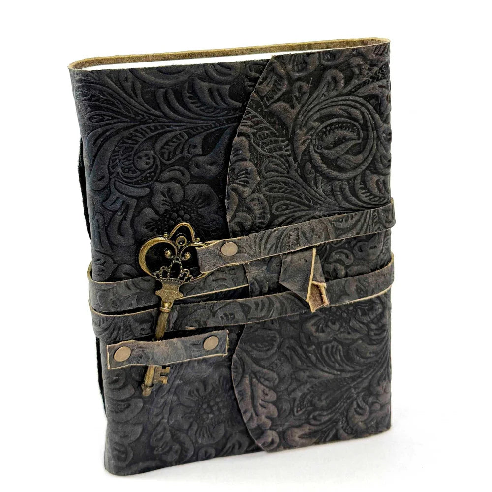 Leather Journal - Oil Tanned Charcoal Embossed with Key Vintage Deckled Edge Paper | Red Claw Gaming