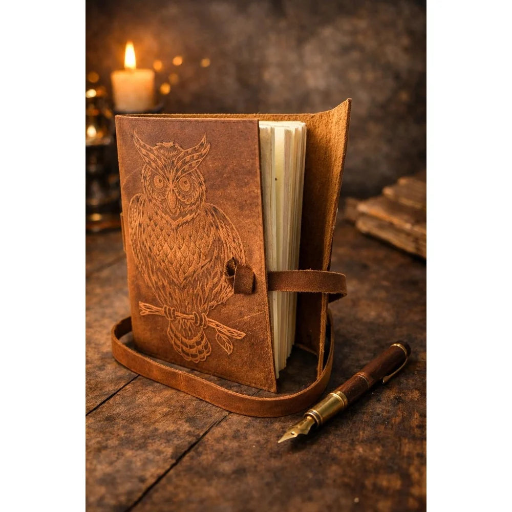Leather Journal - Oil Tanned Owl Vintage Deckled Edge Paper | Red Claw Gaming