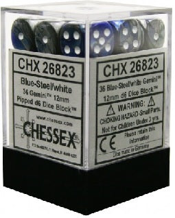 Gemini Blue with Steel/White 12mm D6 Dice Chessex    | Red Claw Gaming