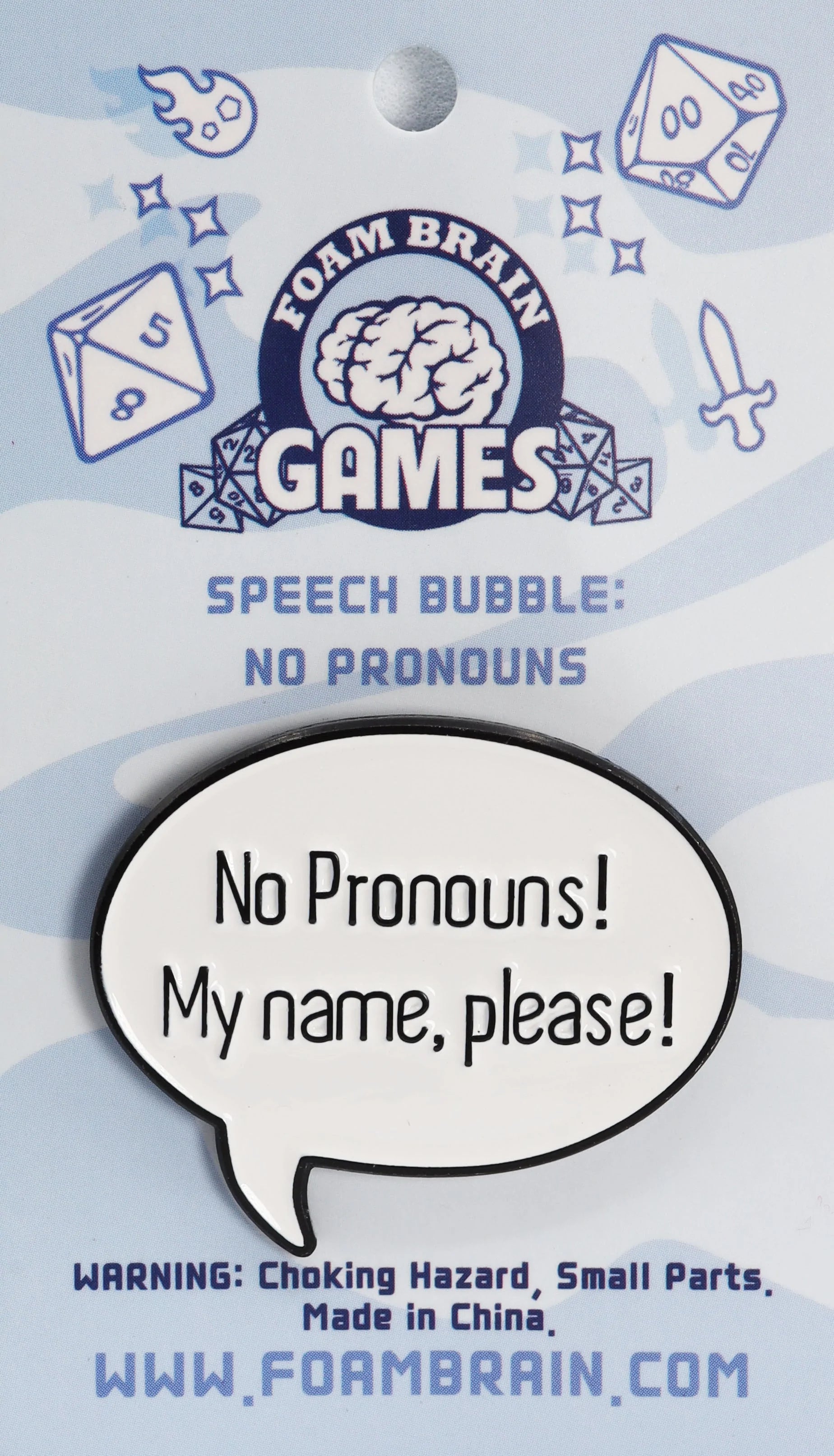 SPEECH BUBBLE PIN: NO PRONOUNS! Pins Foam Brain Games    | Red Claw Gaming