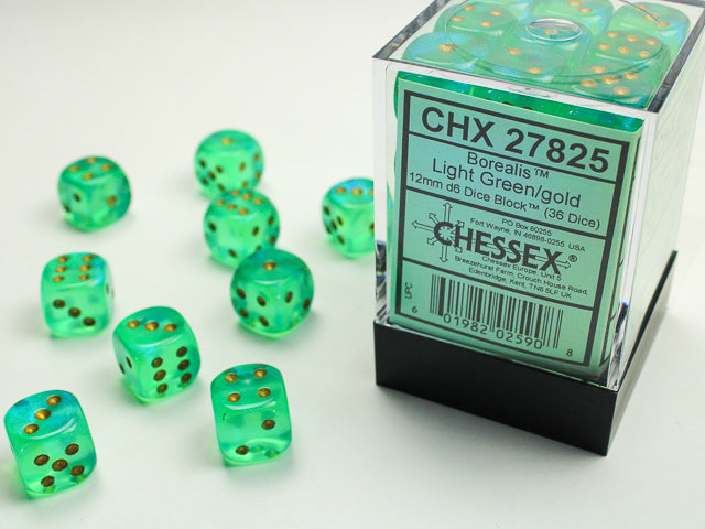 Borealis Light Green/Gold 12mm D6 Dice Chessex    | Red Claw Gaming