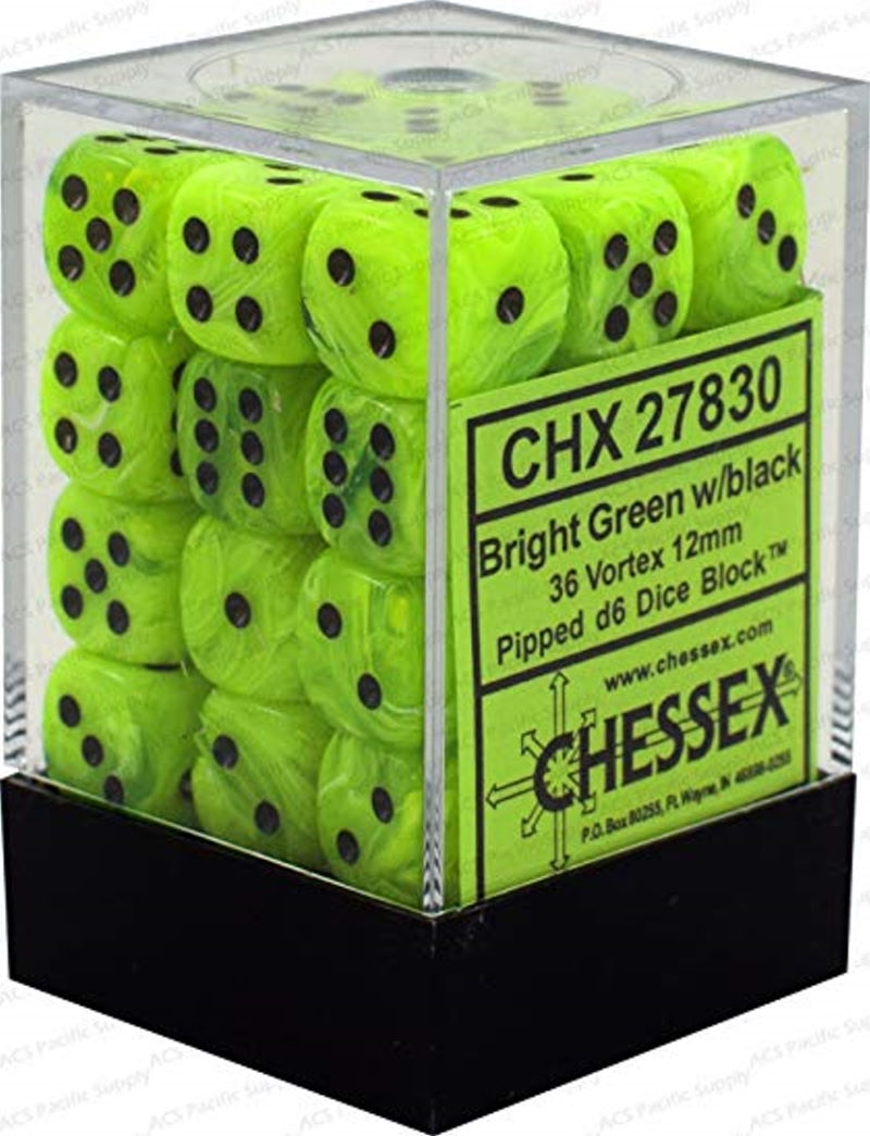 Vortex Bright Green/Black 12mm D6 Dice Chessex    | Red Claw Gaming