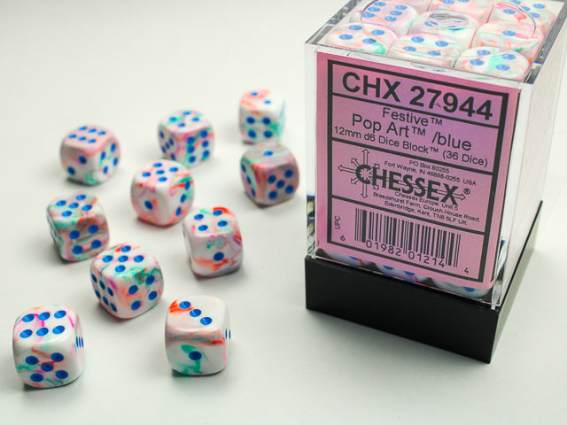 Festive Pop Art/Blue 12mm D6 Dice Chessex    | Red Claw Gaming
