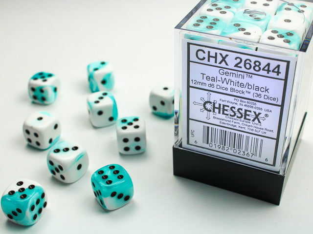 Gemini Teal-White/Black 12mm D6 Dice Chessex    | Red Claw Gaming