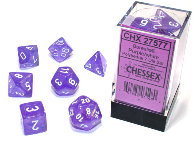 BOREALIS 7-DIE SET PURPLE/WHITE LUMINARY Dice Chessex    | Red Claw Gaming