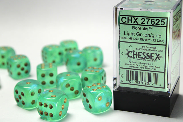 Borealis Light Green/Gold 16mm D6 Dice Chessex    | Red Claw Gaming