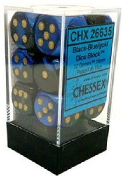 GEMINI 12D6 BLACK-BLUE WITH GOLD 16MM Dice Chessex    | Red Claw Gaming