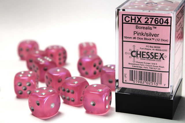 Borealis Pink/Silver 16mm D6 Dice Chessex    | Red Claw Gaming