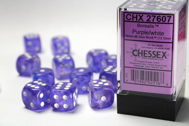 Borealis Purple/White 16mm D6 Dice Chessex    | Red Claw Gaming
