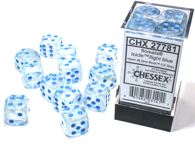 BOREALIS 12D6 ICICLE WITH LIGHT BLUE 16MM LUMINARY Dice Chessex    | Red Claw Gaming