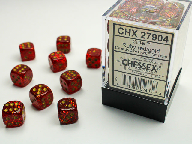Glitter Ruby/Gold 12mm D6 Dice Chessex    | Red Claw Gaming