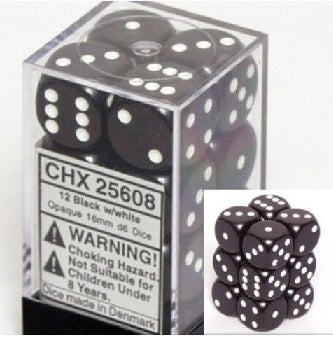 OPAQUE 12D6 BLACK WITH WHITE 16MM Dice Chessex    | Red Claw Gaming