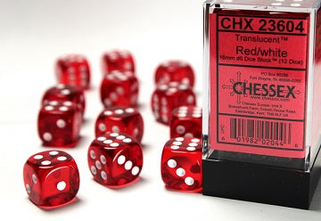 TRANSLUCENT 12D6 RED WITH WHITE 16MM Dice Chessex    | Red Claw Gaming