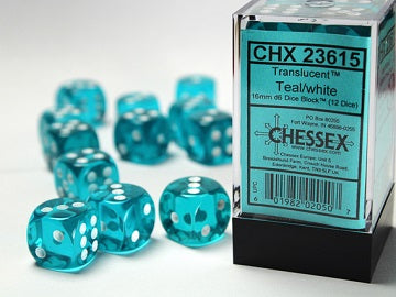 TRANSLUCENT 12D6 TEAL WITH WHITE 16MM Dice Chessex    | Red Claw Gaming