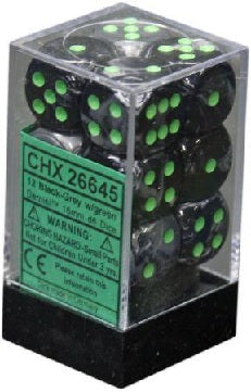GEMINI 12D6 BLACK-GREY WITH GREEN 16MM Dice Chessex    | Red Claw Gaming