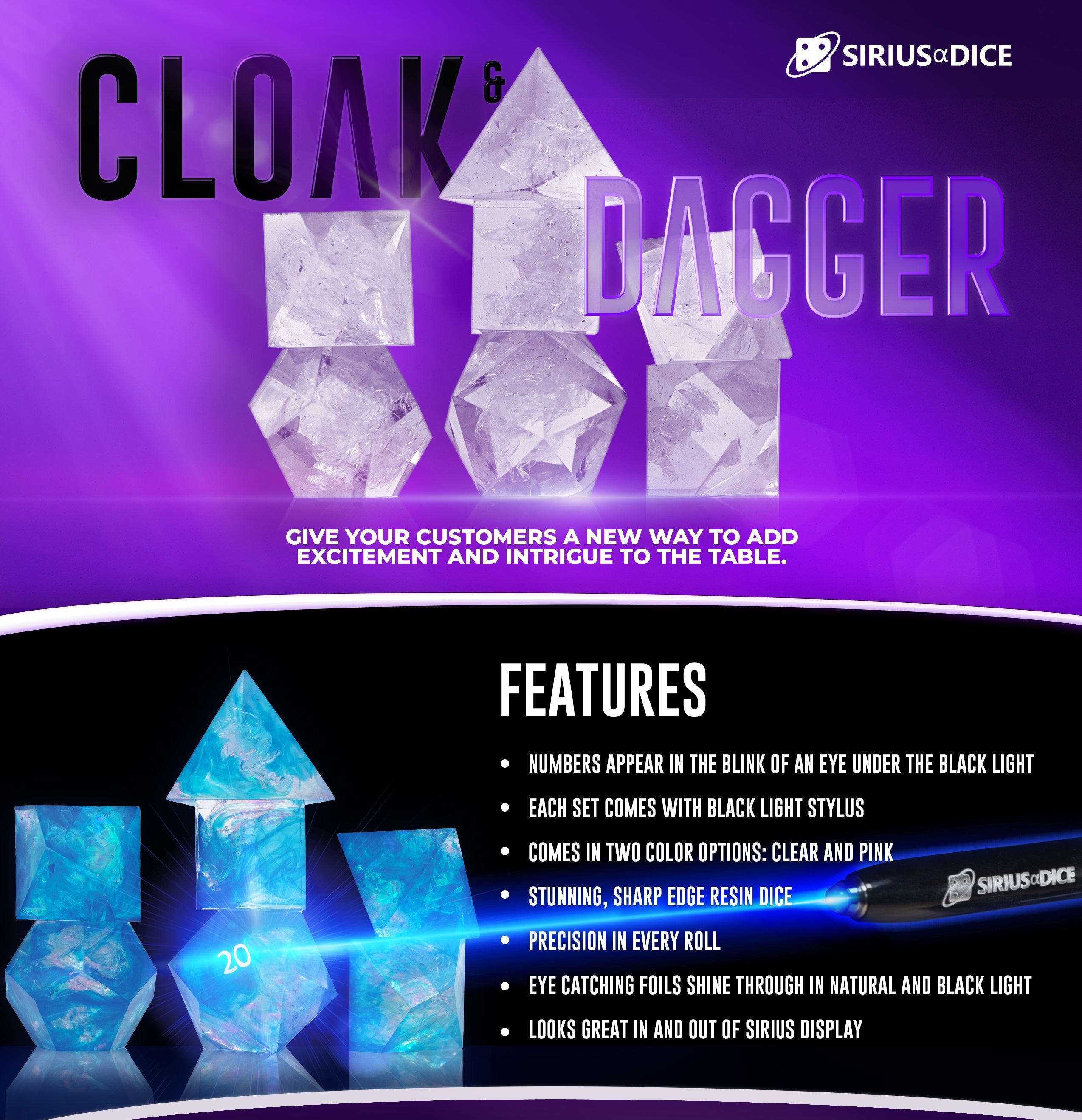 CLOAK AND DAGGER CLEAR 7-DIE SET Dice Universal Distribution    | Red Claw Gaming