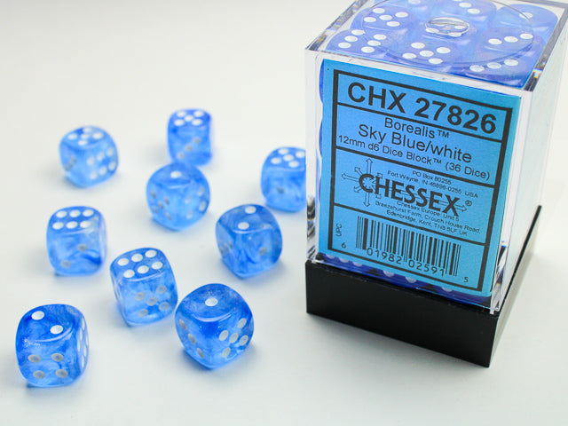 Borealis Sky Blue/White 12mm D6 Luminary Effect Dice Chessex    | Red Claw Gaming