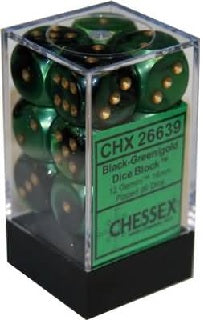 GEMINI 12D6 BLACK-GREEN WITH GOLD 16MM Dice Chessex    | Red Claw Gaming