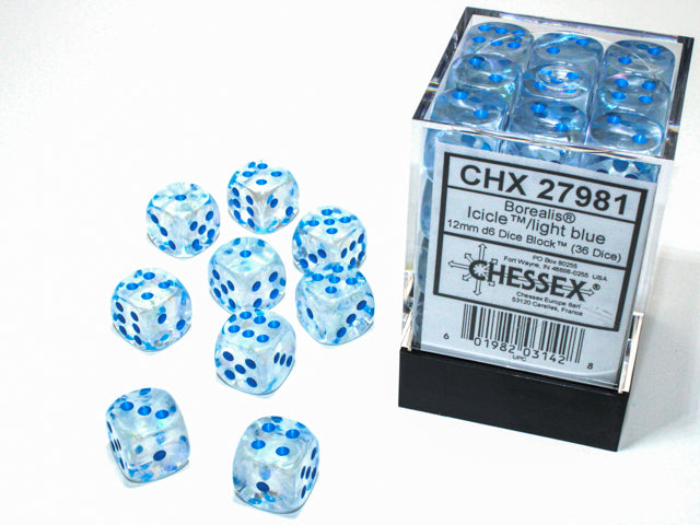 BOREALIS 36D6 ICICLE/LIGHT BLUE 12MM LUMINARY Dice Chessex    | Red Claw Gaming