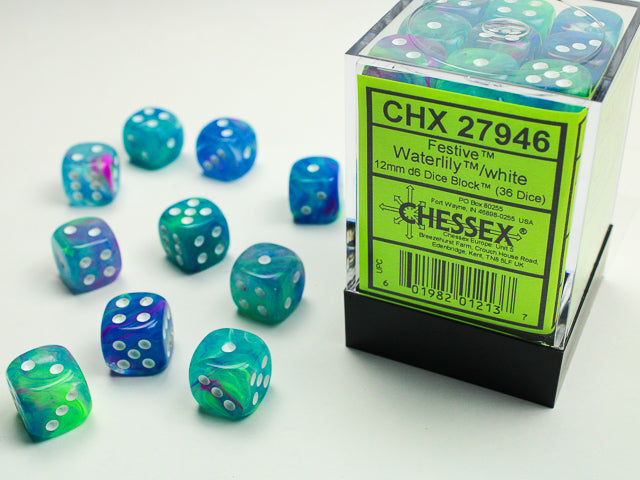 Festive Waterlily/White 12mm D6 Dice Chessex    | Red Claw Gaming